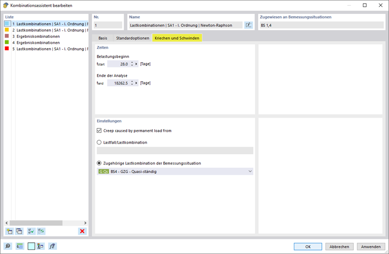 Einstellungen für das Kriechen und Schwinden im Kombinationsassistent