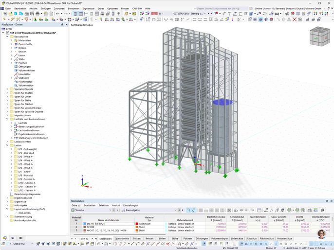 RFEM-Modell eines Trocknungsturms aus Stahl. Konstruktion visualisiert. © GMBS Design Kft.