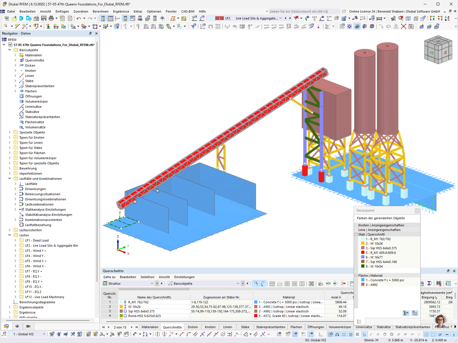 Querschnittsanalyse einer Betonmischanlage, erstellt in einer CAD-Software für strukturelle Bewertungen.
