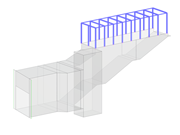 Konstruktionszeichnung eines Treppenbauwerks mit einem Aufzugsschacht. Detaillierte Darstellung der Struktur. Technische Visualisierung.