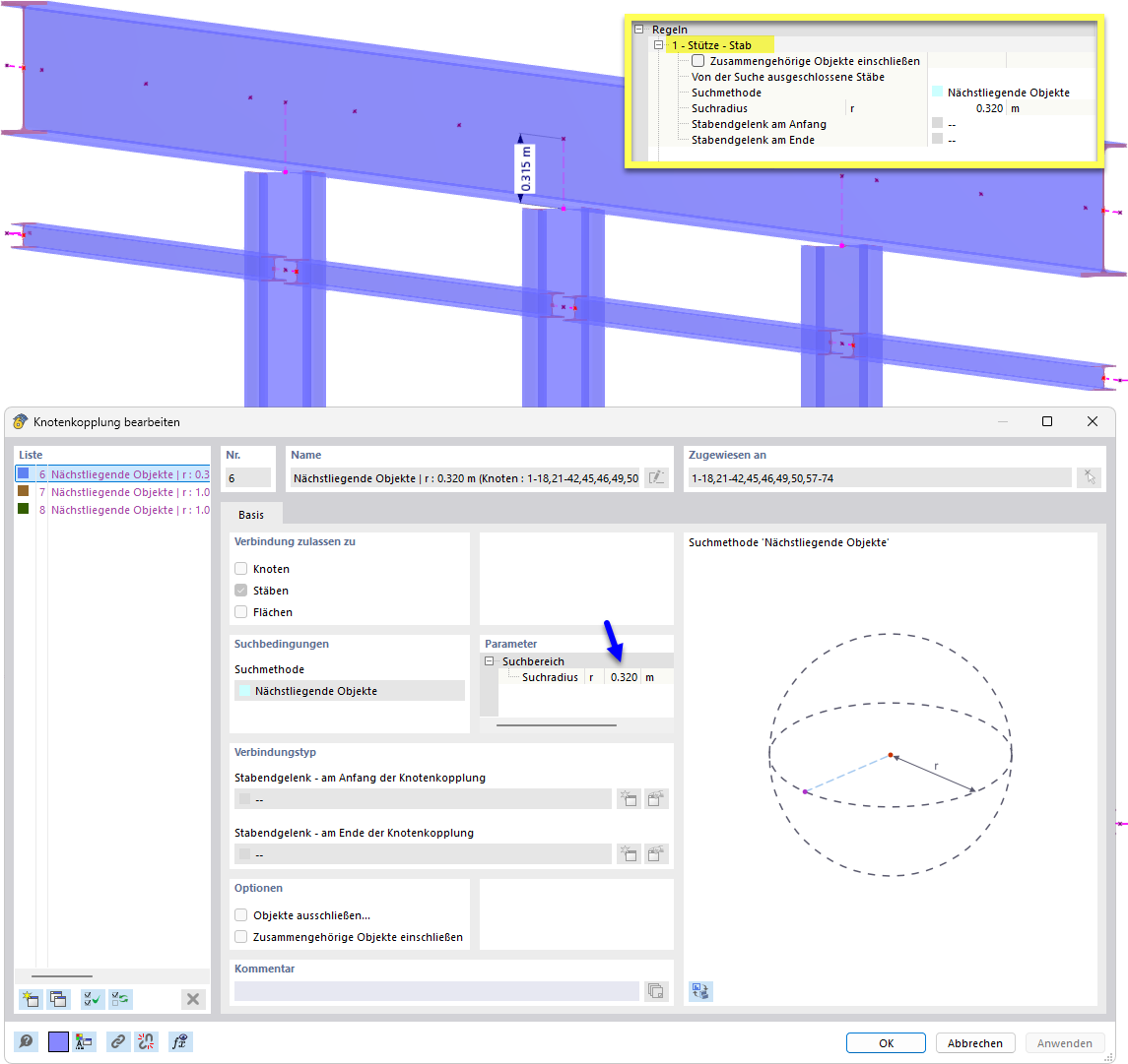 Regel für Kopplungstyp 'Stütze - Stab' mit Ergebnis