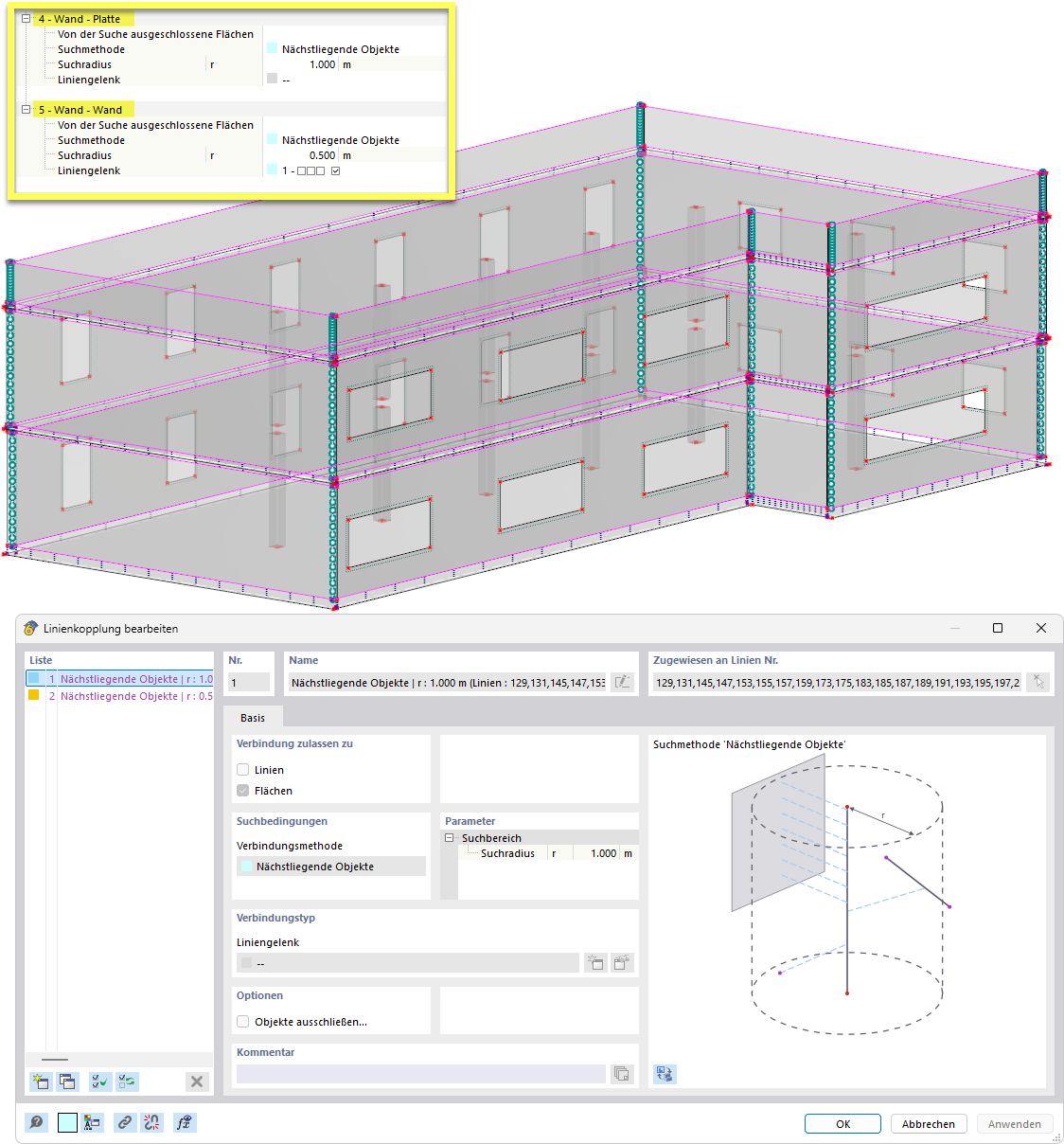 Regeln für Kopplungstypen 'Wand - Platte' und 'Wand - Wand' mit Ergebnis