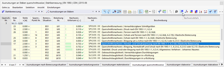 Schaltfläche 'Nachweisdetails' in Tabellen-Symbolleiste