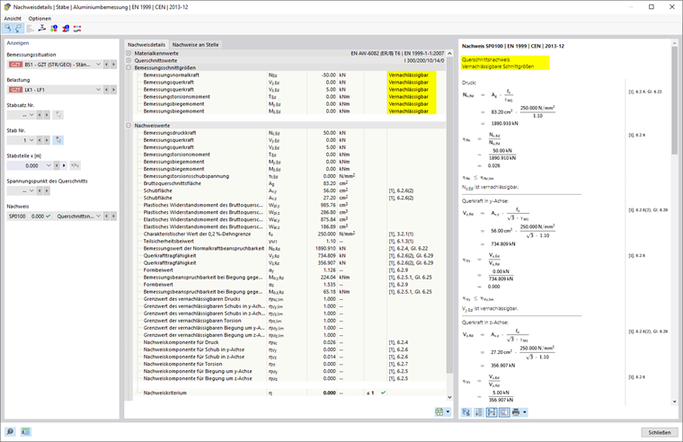 Aluminiumbemessung - Nachweisdetails für vernachlässigbare Schnittgrößen