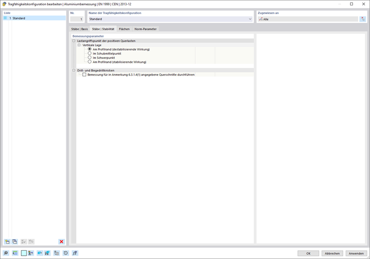 Dialog 'Tragfähigkeitskonfiguration bearbeiten', Register 'Stäbe | Stabilität'