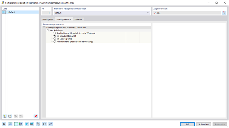 Dialog 'Festigkeitskonfiguration bearbeiten', Register 'Stäbe | Stabilität'