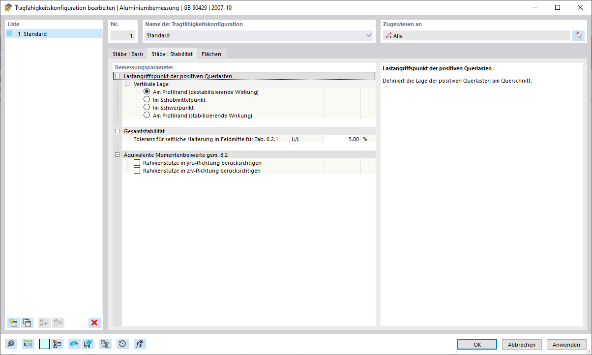 Dialog 'Tragfähigkeitskonfiguration bearbeiten', Register 'Stäbe | Stabilität'