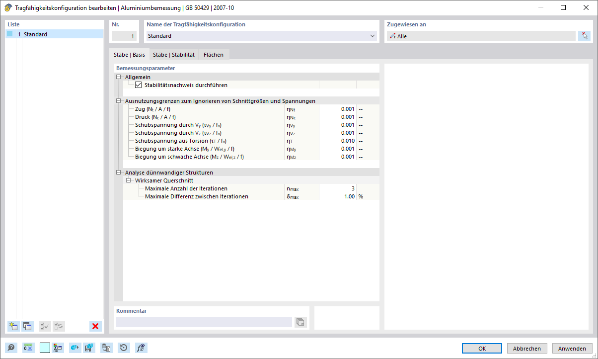 Dialog 'Tragfähigkeitskonfiguration bearbeiten', Register 'Stäbe | Basis'