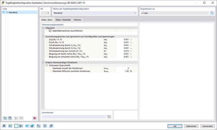 Dialog 'Tragfähigkeitskonfiguration bearbeiten', Register 'Stäbe | Basis'