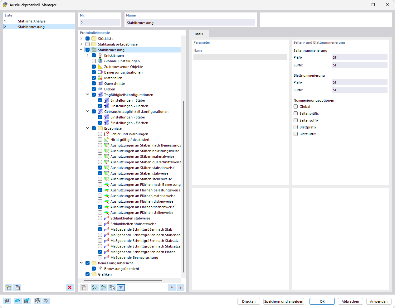 Ausdruckprotokoll-Manager mit Kapiteln für Stahlbemessung