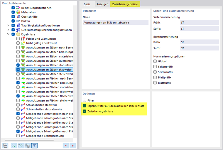 Möglichkeiten für Ergebnisfilter und Zwischenergebnisse