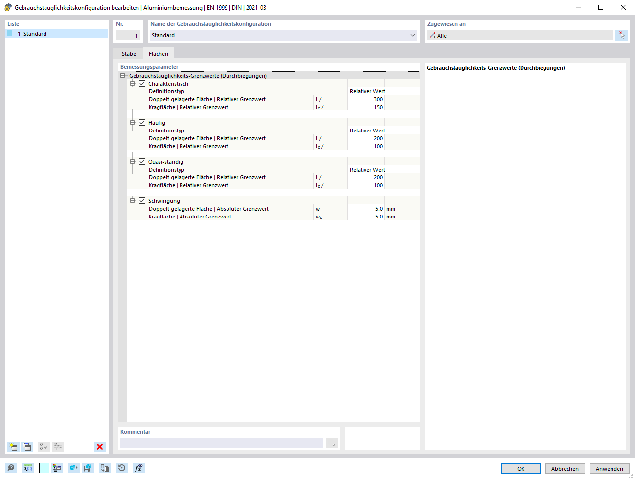 Dialog 'Gebrauchstauglichkeitskonfiguration bearbeiten', Register 'Flächen'