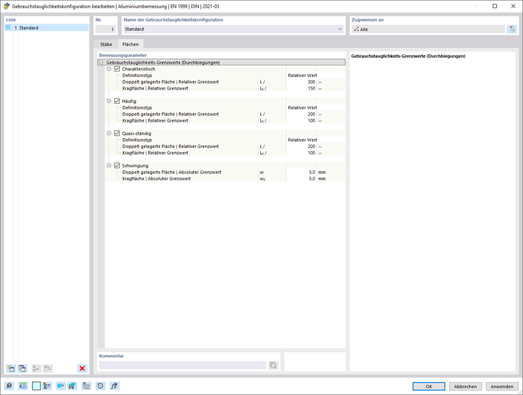 Dialog 'Gebrauchstauglichkeitskonfiguration bearbeiten', Register 'Flächen'
