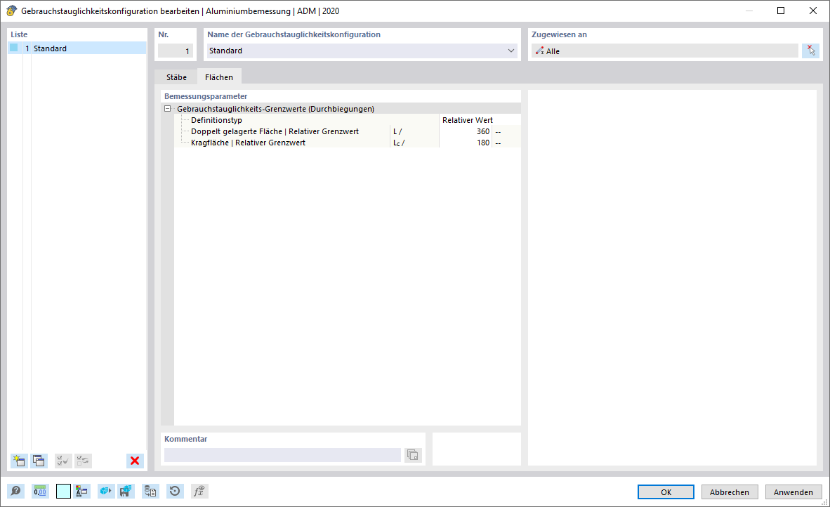 Dialog 'Gebrauchstauglichkeitskonfiguration bearbeiten', Register 'Flächen'