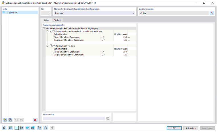 Dialog 'Gebrauchstauglichkeitskonfiguration bearbeiten', Register 'Stäbe'