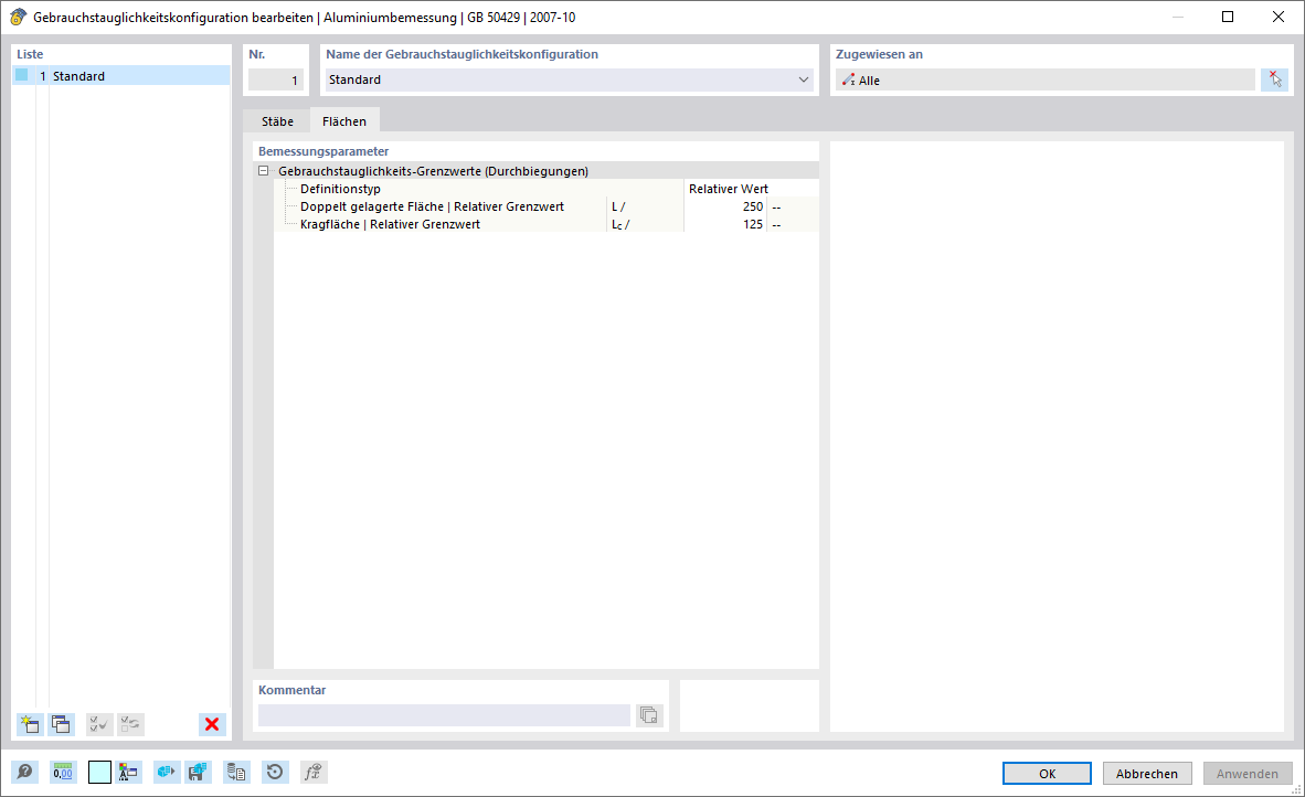 Dialog 'Gebrauchstauglichkeitskonfiguration bearbeiten', Register 'Flächen'