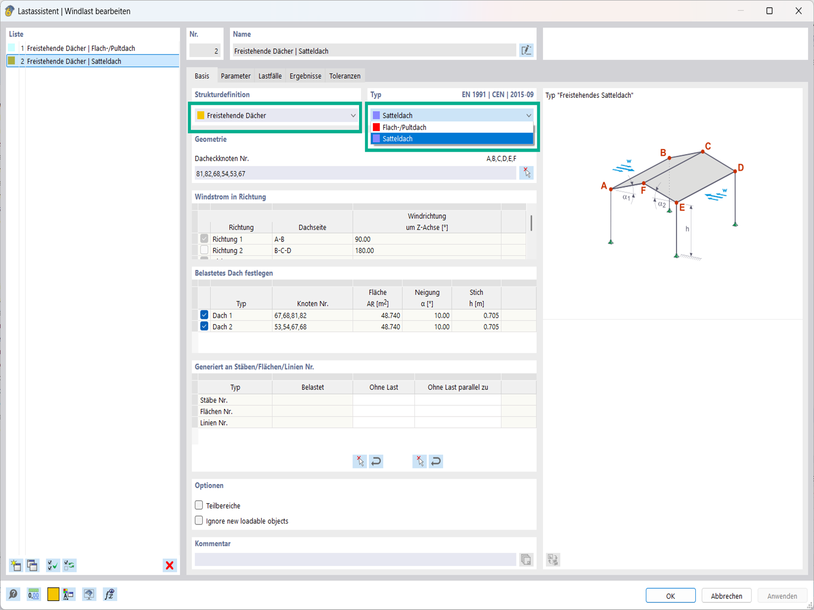 Generierung von Windlasten für freistehende Dächer gemäß EN 1991, Anwendung auf Gebäudesysteme.