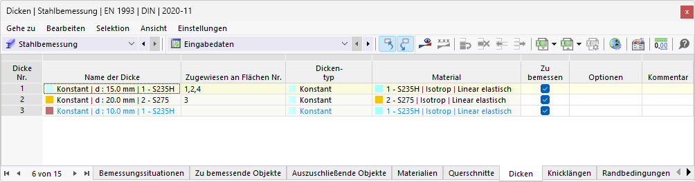 Tabelle 'Dicken' für Stahlbemessung