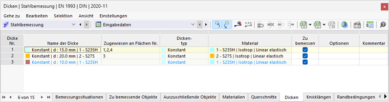 Tabelle 'Dicken' für Stahlbemessung