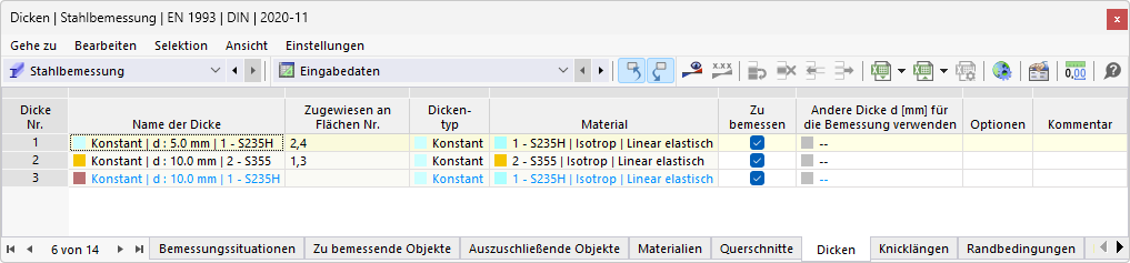 Tabelle 'Dicken' für Stahlbemessung