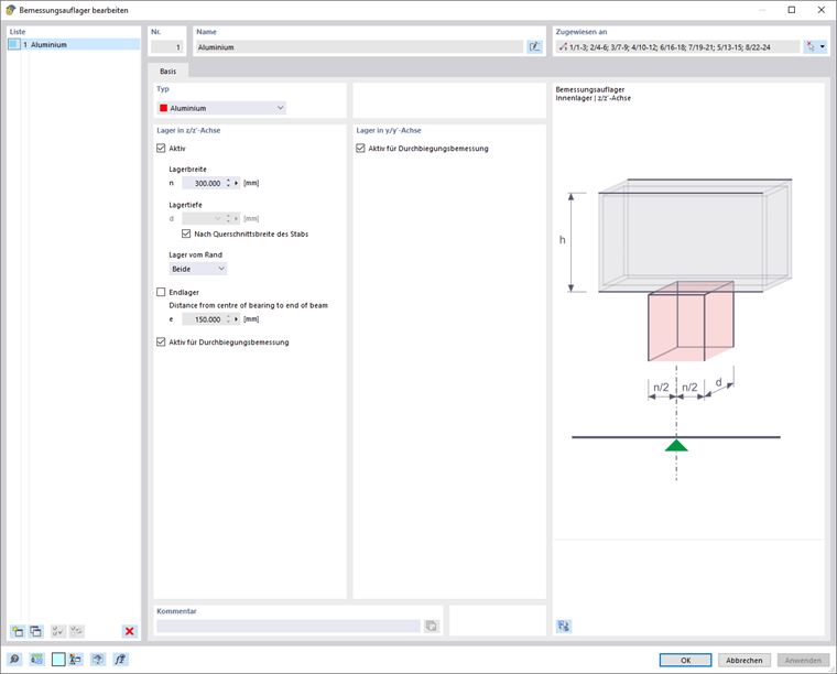 Dialog 'Bemessungsauflager bearbeiten', Typ 'Aluminium'