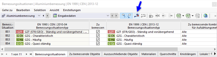 Aluminiumbemessung über Schaltfläche in Tabelle starten