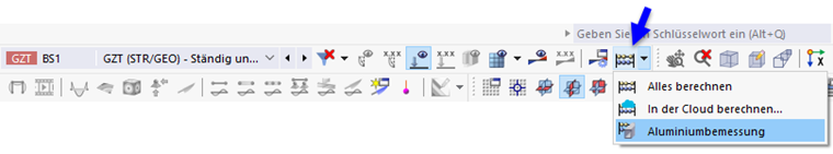 Aluminiumbemessung über Listenschaltfläche starten