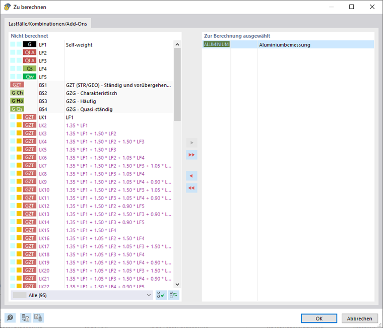 Aluminiumbemessung über Dialog 'Zu berechnen' starten