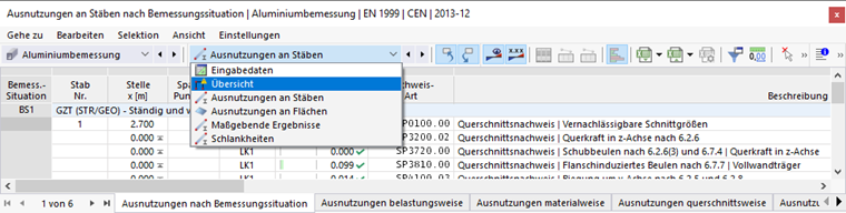 Ergebnistabellen für Aluminiumbemessung