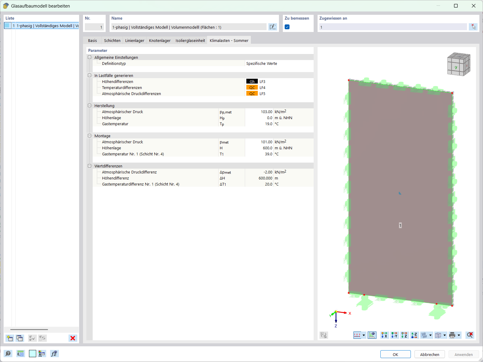 Darstellung der Definition von Klimalasten auf eine Isolierglasscheibe für Bauprojekte.