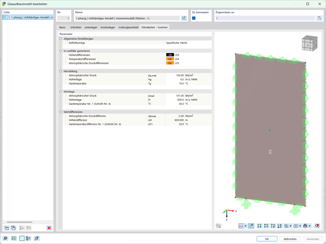 Darstellung der Definition von Klimalasten auf eine Isolierglasscheibe für Bauprojekte.