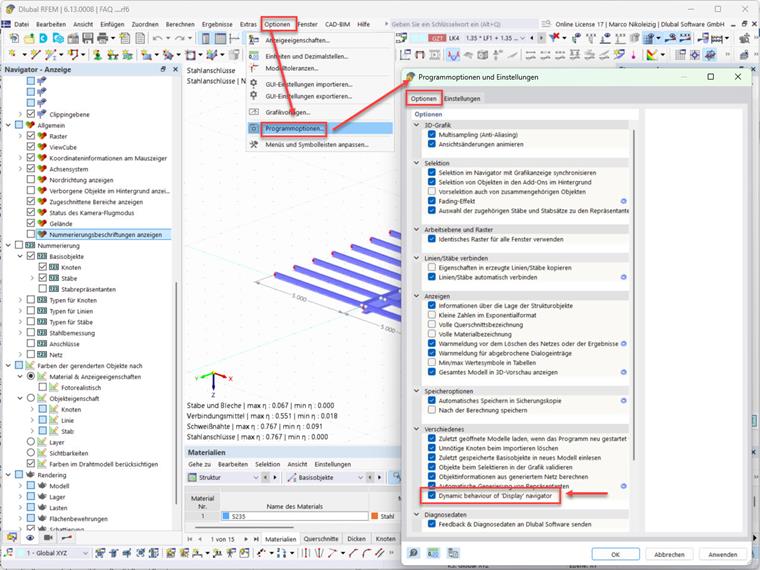 Darstellung der Programmoptionen