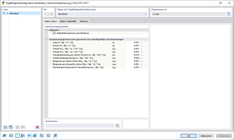 Dialog 'Tragfähigkeitskonfiguration bearbeiten', Register 'Stäbe | Basis'