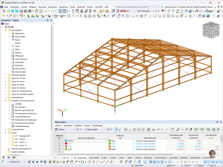 RFEM-Modell einer Tennishalle aus Holz in Fürth, erstellt von GRELLA Hochbau.