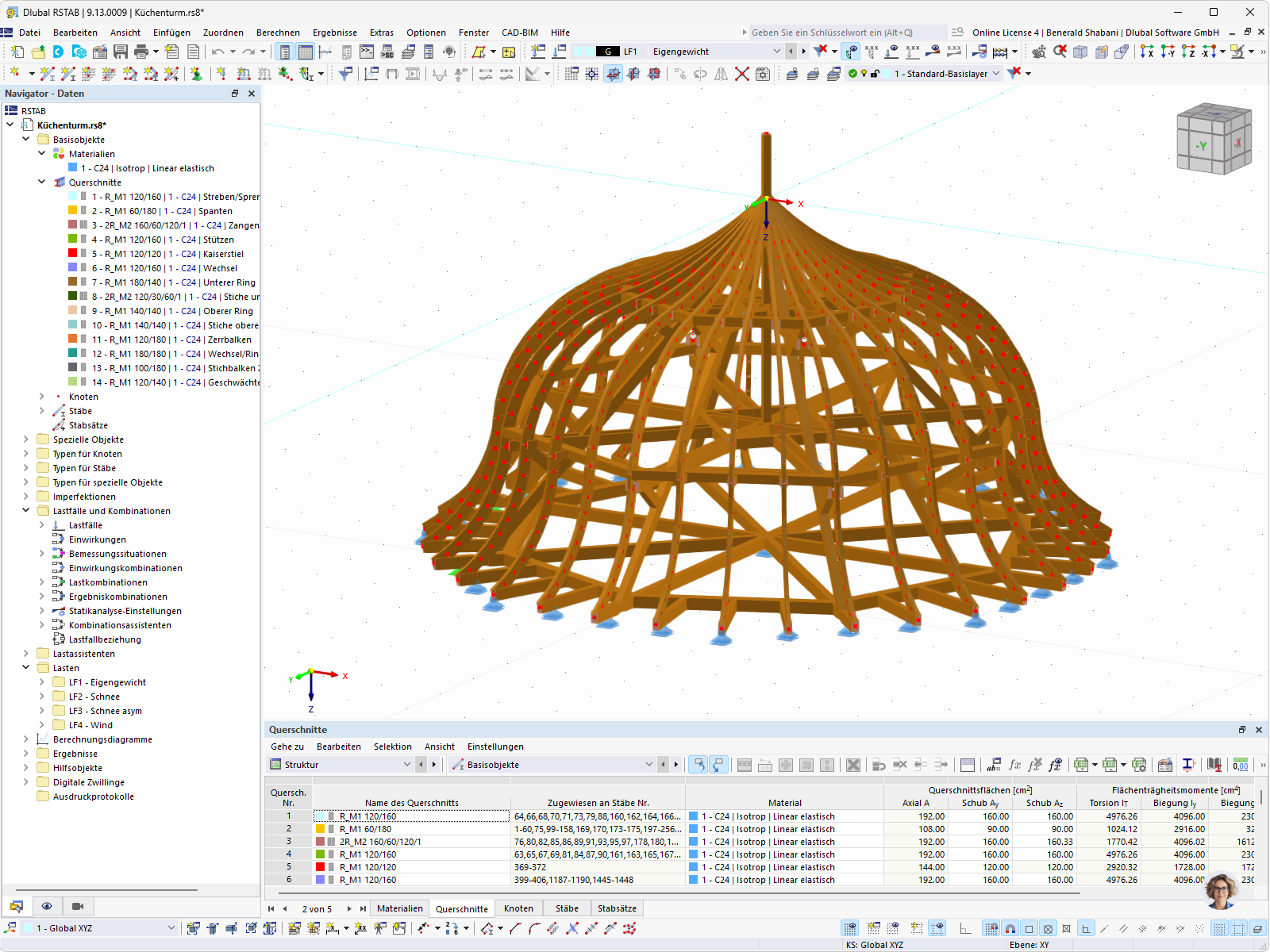 3D-Modell einer komplexen Dachkonstruktion des Küchenturms im RSTAB-Programm.