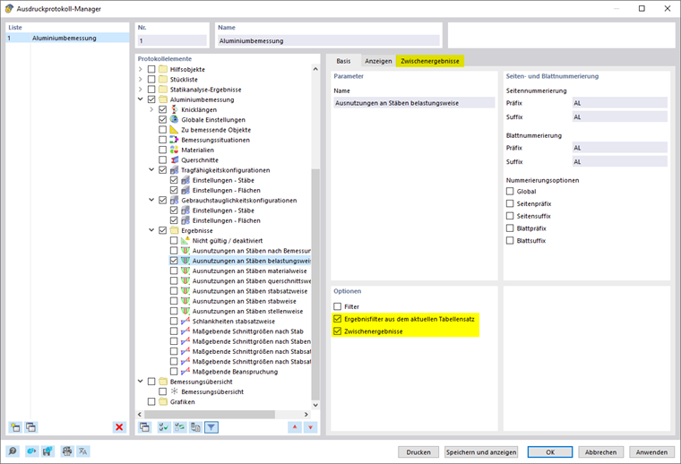 Möglichkeiten für Ergebnisfilter und Zwischenergebnisse