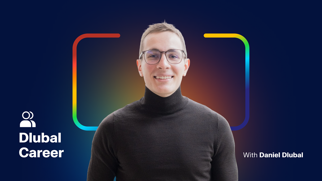 Thumbnail mit Daniel Dlubal, der ein Video zu einer Stellenanzeige mit hellen Grafiken veröffentlicht.