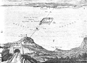 Planzeichnung von Thomé de Gamonds Kanaltunnelprojekt von 1856, die einen Hafen und eine Belüftungsanlage an der Varne-Sandbank darstellt.