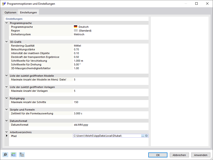 Arbeitsverzeichnis einstellen
