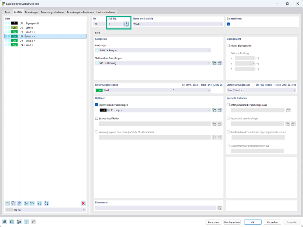 Darstellung der Gruppierung von Lastfällen und Unterlastfällen zur besseren Organisation und Übersicht.