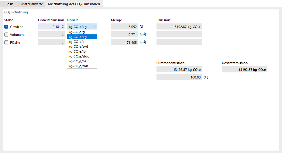 Einheitsemissionen und Einheiten für Material festlegen