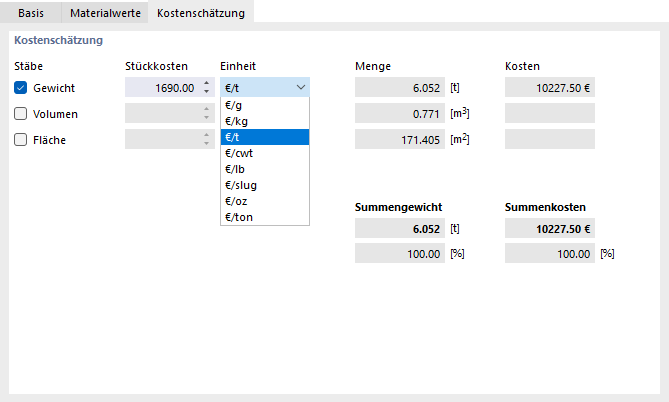 Stückkosten und Einheiten für Material festlegen