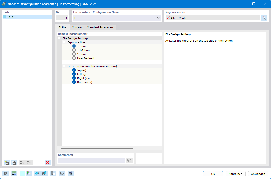 Dialog 'Brandschutzkonfiguration bearbeiten | EN 1995