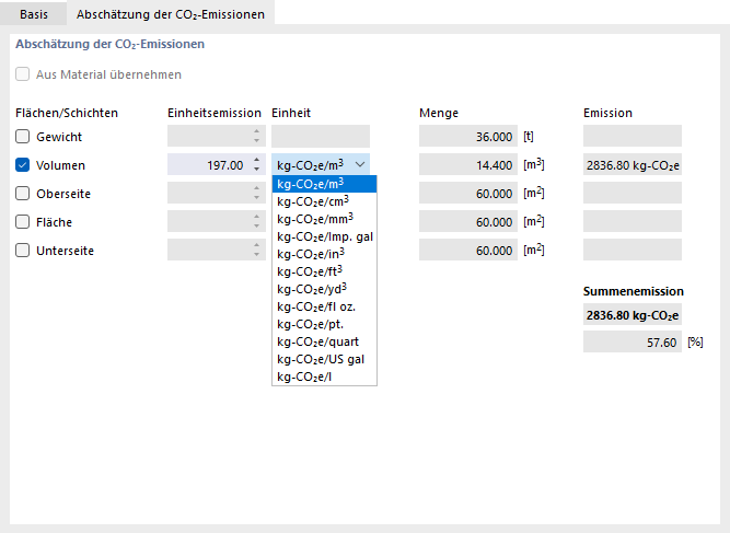 Einheitsemission und Einheit für Dicke festlegen