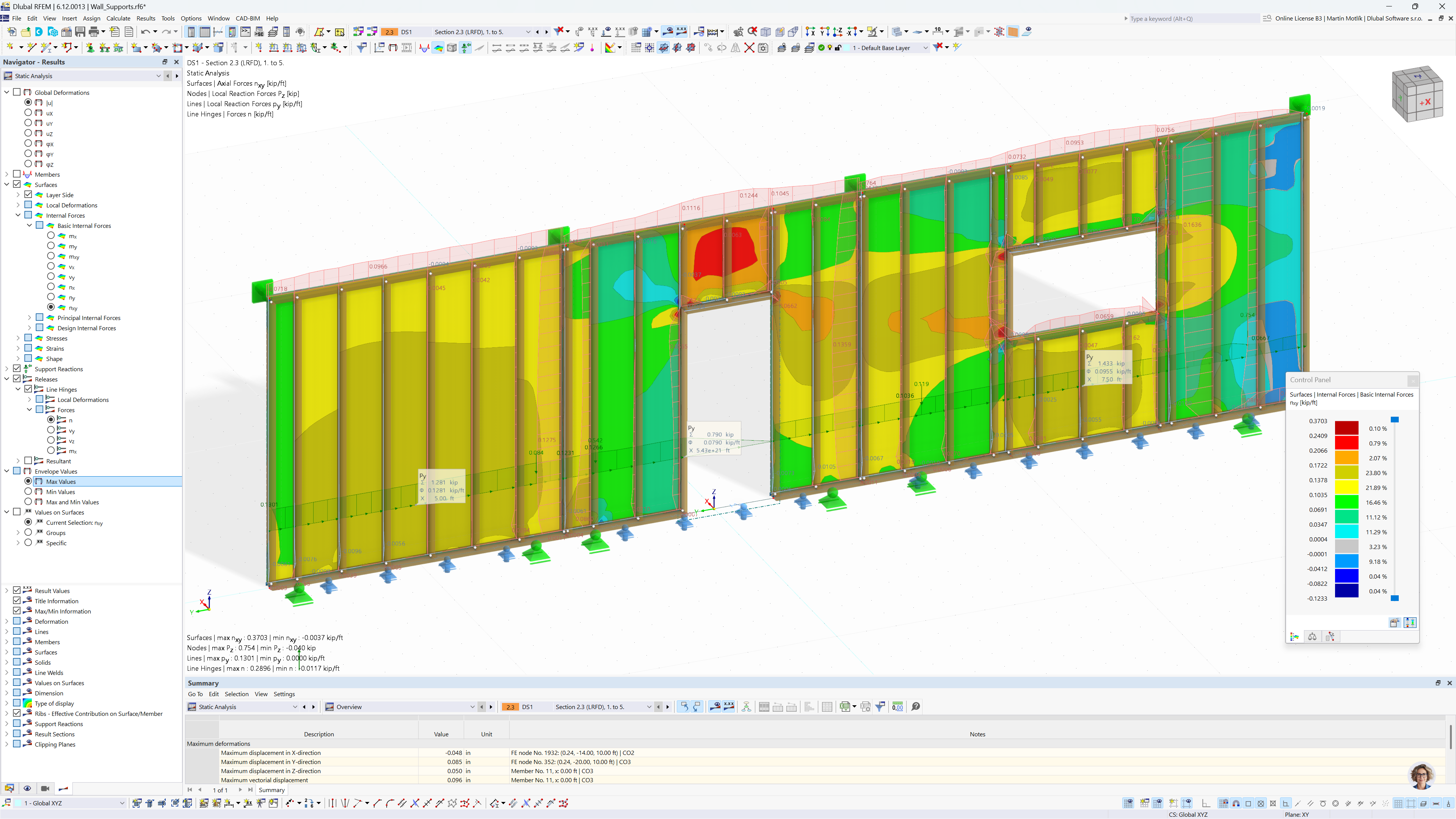 RFEM 6-Modell eines Balkenfelds zur Veranschaulichung der Bemessung einer Holzschubwand nach NDS-Standards.
