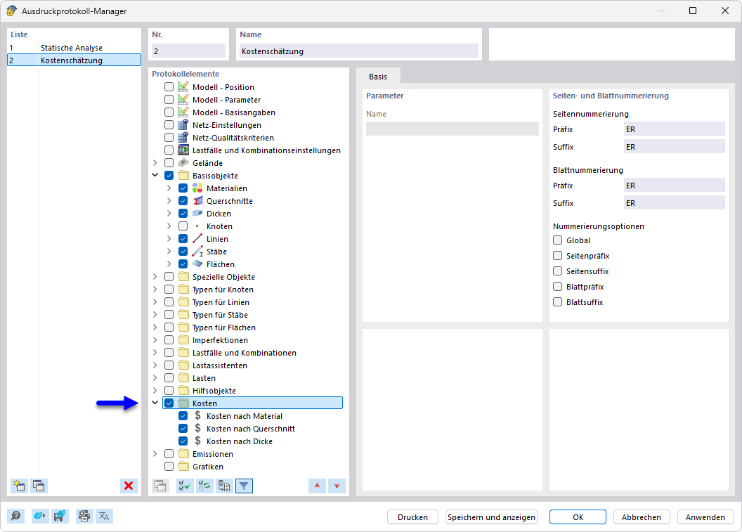 Ausdruckprotokoll-Manager mit Kapiteln für Kosten