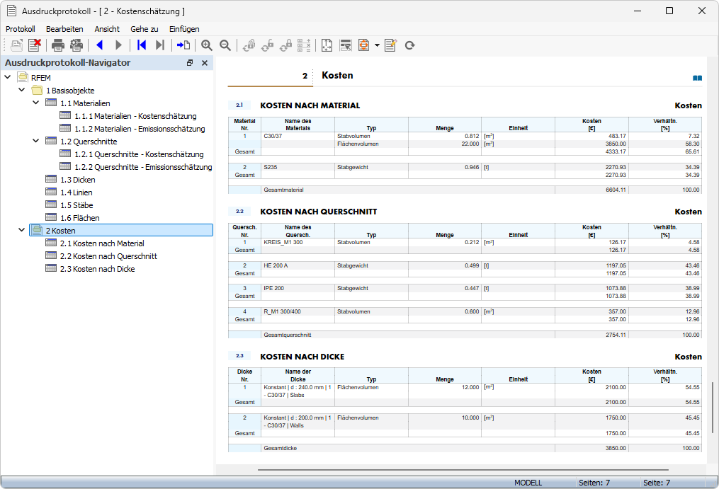 Ausdruckprotokoll mit Daten der Kostenschätzung