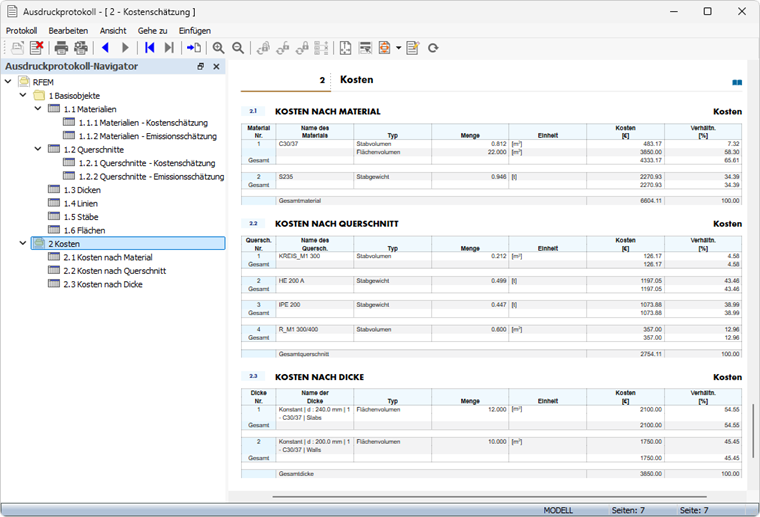 Ausdruckprotokoll mit Daten der Kostenschätzung