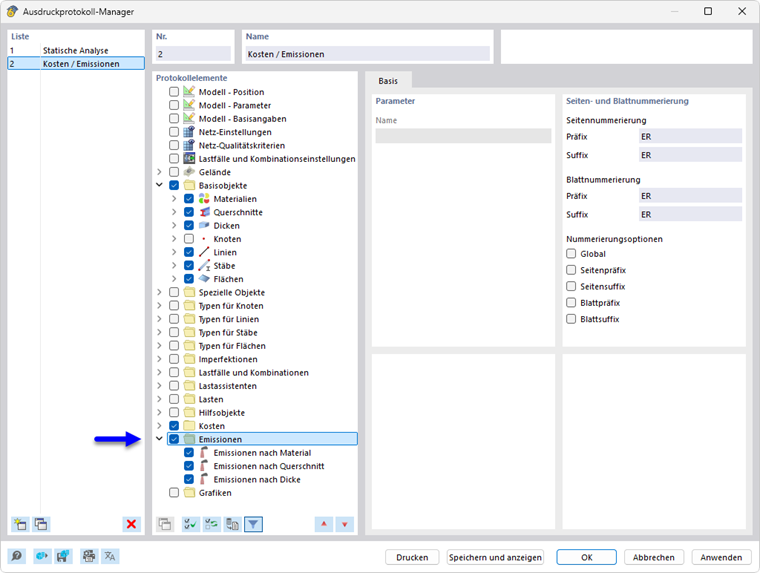 Ausdruckprotokoll-Manager mit Kapiteln für Emissionen