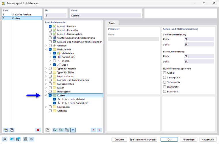 Ausdruckprotokoll-Manager mit Kapiteln für Kosten